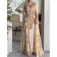 Champagne Moroccan Kaftan Caftan Muslim Evening Dresses Long Sleeves Appliques Beaded Dubai Arabic Abaya Islamic Gown Customized