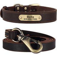 Personalized Dog Collar Leash Set Durable Genuine Leather Dog Collars Engraved Pet ID Necklace With Lead For Small Large Dogs