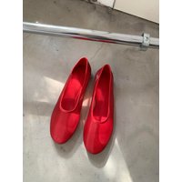 Red Mesh Hollow out Ballet Flat Shoes Women's Leather Version round Head Slip-On Sandals Breathable Comfortable Summer Shoes