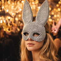 Rhinestone Bunny Half Face Mask, Crystal Studded Rabbit Ear Mask for Women Halloween Party and Cosplay