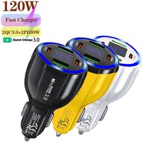 4Port 120W Car Super Fast Charger QC3.0 PD30W Digital Real-time Voltage With Color Atmosphere Lamp Car Cigarette Lighter Charger