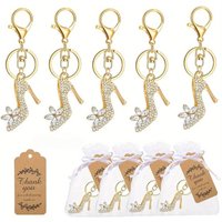 15pcs/5Sets Bridal Shower Favors Keychains, Gold Rhinestone High Heel Keyrings with Bags & Tags for Wedding, Bachelorette & Bab