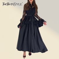 TWOTWINSTYLE Solid Spliced Lace Two Piece Set Female Lapel Long Sleeve Jacket French Elegant Women's Skirt Set Autumn Fashion
