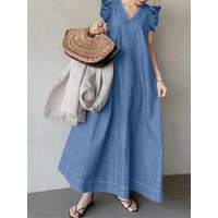 Solid Color Loose Denim Dresses Women Fashion Bohemian Style V-neck Flying Sleeves Long Dress Female Casual Vacation Vestidos