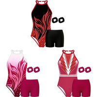 Girls Gymnastics Leotard Kids flame pattern Halter Neck Bodysuits with Shorts and Hairband No Diamond