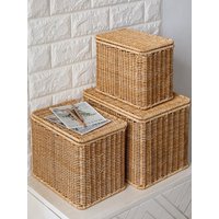 Wicker Weave Storage Box with Lid for Clothes Organization Camping Outdoor Storage Basket Bedroom Closet Organizer