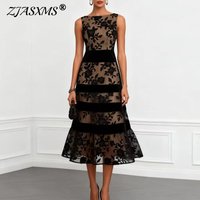 Women Elegant Crew Neck Lace Long Dress Spring Floral Mesh Formal Evening Party Dresses Summer Sleeveless Slim A-Line Boho Dress