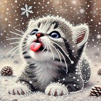 Handmade Diamond Painting DIY Set with Animal Patterns and Cat Patterns in Snow - Unique Shaped Crystal, Partially Drilled Canva