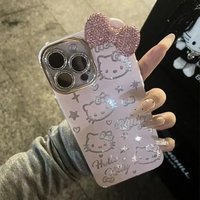 Rhinestone Imitation Feather Hello Kitty shiny Case for iPhone 17 16 13 12 11 15 Pro Max Plus Cute Kitty sparkling Cover