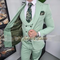 Mint green men's 3pcs suit premium peak lapel jacket shawl collar double-breasted vest Pants tailored set for wedding groom prom