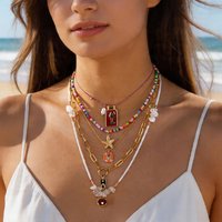 5PCS Bohemian Stacked Necklace for Women Metal Enamel Fish Starfish Irregular Gravel Beads Clavicle Chain Party Jewelry Gifts