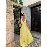 2026 Summer Fashion New Women's Elegant Design Long Skirt Strap V-neck Folded Bareback Beach Style Solid Color Waist Dress