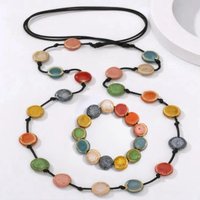 Retro wax rope necklace, colorful ceramic round sweater chain, long style versatile, dopamine beaded necklace versatile