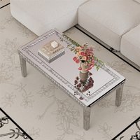120cm Long Luxury Rectangular Mirrored Coffee Table with Crystal Diamonds Inlay, Living Room Center Table Furniture