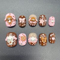 Kawaii Short Sweet Rabbit Pink Chocolate Color Press On Nails Sticker Handmade Cartoon Cute 3D Rabbit Polka Dot Stars False Nail