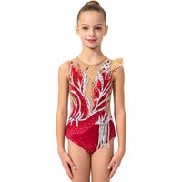 Girls Red Rhythmic Gymnastics Leotard with Shiny Rhinestones Tulle Skirt kids Professional Competition Training Dance Costume