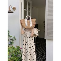 Summer New Wooden Love Letter Pattern Straw Woven Handbag Semi-Circular Basket Shape Women's Tote Bag Retro Artistic Style