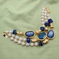 YYGEM 3 Strands 8-9mm Cultured White Pearl 35x34mm Blue Lapis Beaded Bracelet Fashion Jewelry