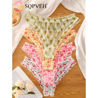 4Pcs Women's Fruits Print Mesh Thongs Ruffle Trim Bow Decor Sheer Briefs Cute Sexy Underwear Panties