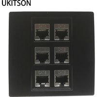 6 Ports Shielded Female CAT6 RJ45 Network Plug Socket Wall Panel In Black Color 86x86mm Internet Six Gang Straight LAN Faceplate