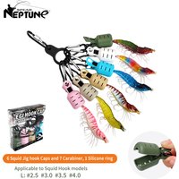 New Squid Jig Bait Protector Kit 6pcs Webfoot Octopus Egi Hooks Cover Cuttlefish Umbrella Lure Cap with Carabiner Fishing Tackle