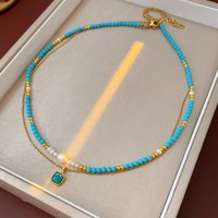 18K Gold Plated Turquoise Double-layer Necklace Retro Ethnic Beading Imitation Pearl Necklace Fashion Woman Banquet Jewelry N