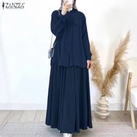ZANZEA Autumn Spring 2 Piece Sets Fashion Muslim Tracksuit Women Long Sleeve Dress Suit Ramadan Solid Outfits Matching Sets