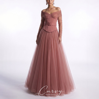 Curvy Vintage Off-Shoulder Tulle Prom Dresses for Women Corset Bodice with Long Tulle Sleeves Voluminous Tulle Skirt Customized