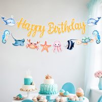 Underwater World Theme pull-flag birthday party banner, Marine animals, Sharks, starfish and crabs party Decoration Supplies