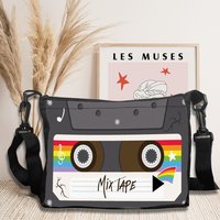 Polyester Shoulder Bag with Cassette Tape Design, Geometric Pattern, Cartoon Theme, with Crossbody Strap for Travel,Daily Use