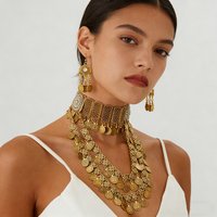 Ethnic Women Gypsy Gold Color Coin Tassel Necklace Earring Aesthetic Bohemia Long Pendant Choker Turkish Afghan Wedding Jewelry