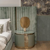Luxury Round Green Marble Top Nightstand With Gold Accents Vertical Stripes Wood Decor For Elegant Bedroom