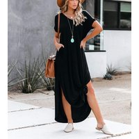 Women's Short Sleeve V-Neck Tie Dye Maxi Dress, Gradient Color Casual Loose Dress with Pockets & Side Slit, Perfect for Beach