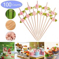 100pcs Elegant Rose Flower Cocktail Picks Bamboo Toothpicks for Appetizers, Weddings, Valentine's Day Birthday Party Decoration