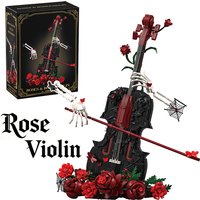 Creative Artist Skull Red Rose Violin Building Blocks Gothic Musical Instrument Model Home Decor Assembly Bricks Toys Girls Gift