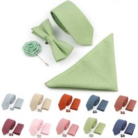 Hot Sale Sage Green Pink Tie Set Solid Cotton Necktie Bowtie Cufflink Brooch For Groom Suit Wedding Cravat Shirt Accessory