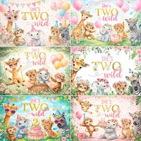 She's Two Wild Theme Tropical Jungle Safari Photography Backdrop Newborn Baby Birthday Party Decor Family Photo Backdrop Poster