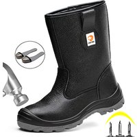 Bottes imperméables mi-mollet pour hommes, chaussures de sécurité, bottes de travail en cuir, Anti-écrasement, Anti-perforation, chaussures industrielles, bottes de protection en cuir de vache
