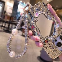Fashion High-end Luxury Diamond Pearl Bling Phone Chain Strap Rhinestone Beaded Anti-Loss Short Strap Cellphone Case Key Pendant