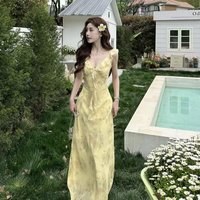 Yellow Floral Print Halter Dress Beach Vacation Unique Beautiful Gored Skirt Waist Cinching Long Dress Korean Style High Wais...