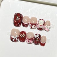 10pcs Cute Cartoon Bear Press On Nails Handmade Red Plaid French Style Fake Nail 3D Bowknot Cherry Decor Short Square False Nail