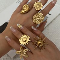 Stainless Steel Exaggerated Sunflower Rings For Women Vintage Gold Color Sun Starfish Conch Finger Rings Party Charm Jewelry