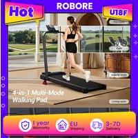 Bieżnia ROBORE U18F z 15% nachyleniem, maksymalna prędkość 10,5 km/h, silnik 2,5 KM, 3 poziomy nachylenia, udźwig 136 kg, wyświetlacz LED, niski poziom hałasu.