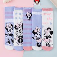 5 Pairs of Disney Sweet and Cute Cartoon Printed Pleated Calf Women's Socks for Teenage Party Gifts Cotton Round Neck Socks