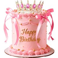 19Pcs Pink Crown Cake Topper Queen Crown Tiara Cake Decorations for Pink Bows Princess Birthday Party Decorations Queen Themed