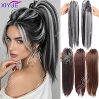 XY Synthetic Claw Clip Ponytail Hair Extensions Waterfall Straight Ponytail Black With Grey Highlights Heat Resistant Fake Hair