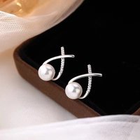 Real 925 Sterling Silver Light Luxury Zircon Pearl Stud Earrings for Charm Women ELegant Fine Jewelry Cross Accessories