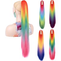 Jeedou Ponytail Hair Extension Long Straight Ponytails Colorfull Rainbow Ombre Color Claw Clip On Pony Tail Synthetic Hairpiece