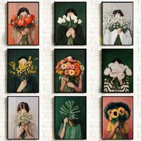 1pc frameless Abstract Woman Minimalism Poster Canvas Wall Art Woman with Flower Portrait Painting Print for Bedroom Nordic Girl