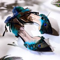 Peacock Feather Lolita Women Shoes Peacock Color Guava Pointed Tip Small Feather Lolita High Heels Design Women's Shoes